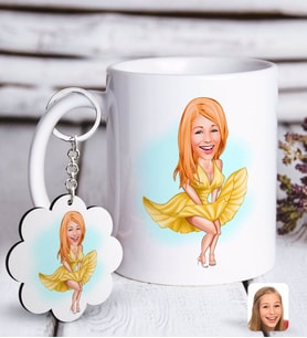 BK Gift Kişiye Özel Marilyn Monroe Karikatürlü Beyaz Kupa ve Anahtarlık Hediye Seti (Model 1)