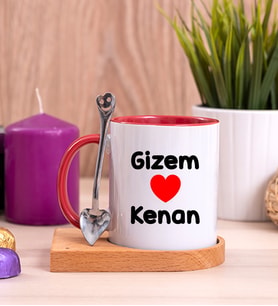 Sevgililere Özel İsim Yazılı Ahşap Altlıklı Kırmızı Kupa Bardak