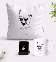 BK Gift Kişiye Özel Atatürk Temalı Beyaz Kupa Yastık ve İsimli Papatya Kolye Hediye Seti-25 (Model 1)