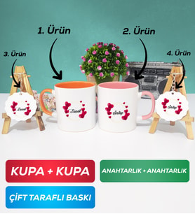 İkili Turuncu Pembe İsme Özel Sevgililer Günü Hediyesi Kupa Bardak Anahtarlık