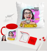 Kadınlar Gününe Özel Karikatürlü Kırmızı Kupa Ayna Yastık Seti - 3 (Model 1)