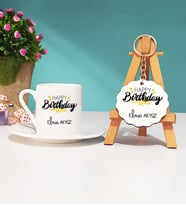 Happy Birthday Tasarımlı Kişiye Özel Doğum Günü Hediyesi Türk Kahvesi Fincanı ve Anahtarlık Hediye Seti