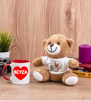 Sevgiliye Hediye İsim Yazılı Kalpli Kırmızı Kupa Bardak ve Peluş Ayıcık