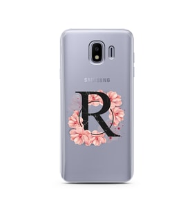 Pembe Çiçekli Harf Tasarım Süper Şeffaf Silikon Telefon Kılıfı Samsung J4 R-Harf
