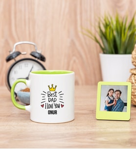 Best Dad Yeşil Kupa Bardak ve Yeşil Mini Fotoğraf Çerçevesi