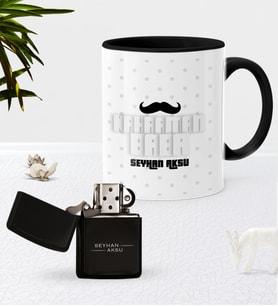 BK Gift Kişiye Özel Kahraman Baba Siyah Kupa Bardak Benzinli Metal Çakmak Seti-3 (Model 1)