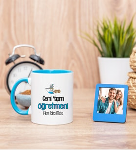 Gemi Yapımı Öğretmeni Mavi Kupa Bardak ve Mavi Mini Fotoğraf Çerçevesi