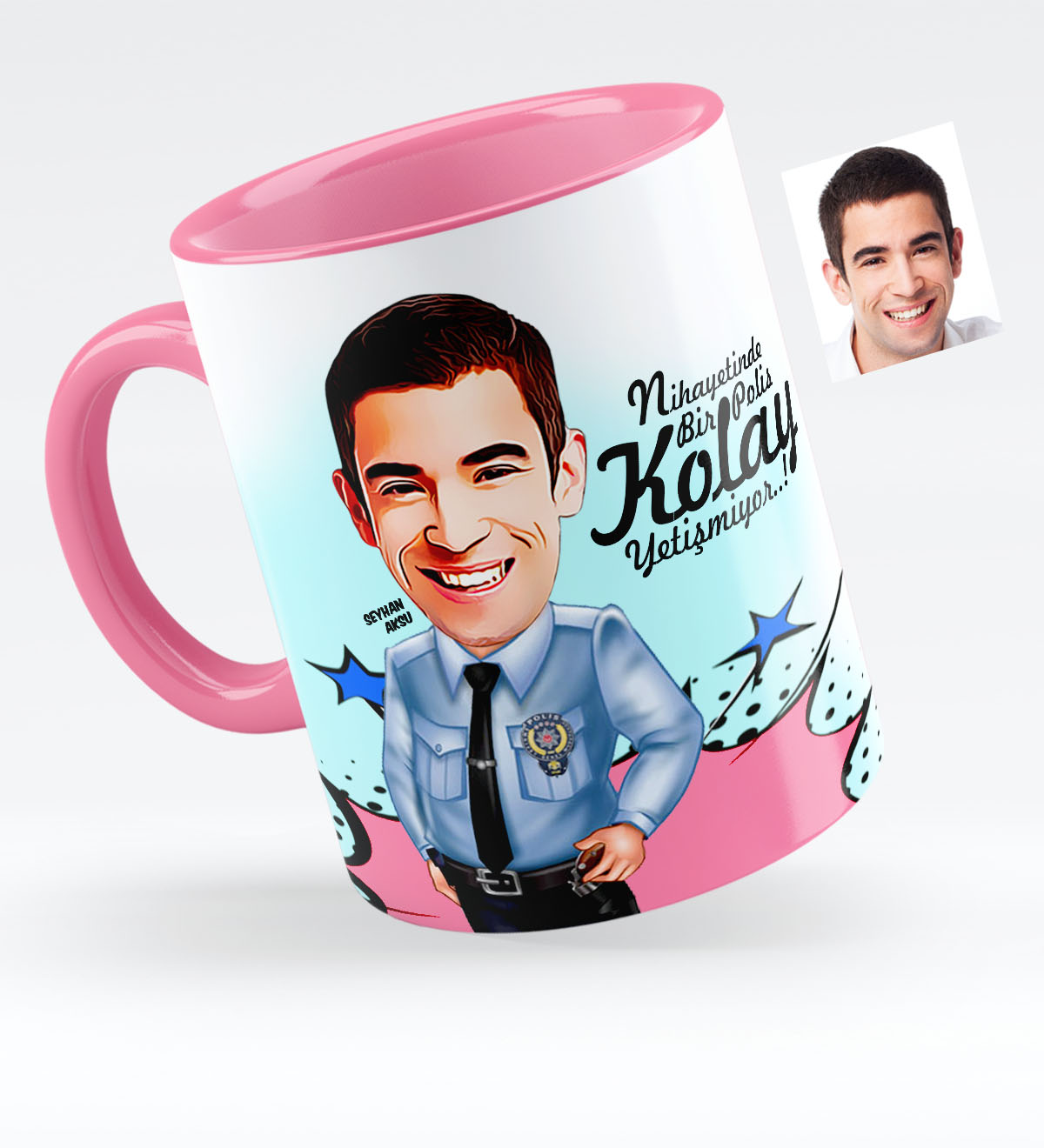 BK Gift Kişiye Özel Bay Polis Karikatürlü Pembe Kupa Bardak  1