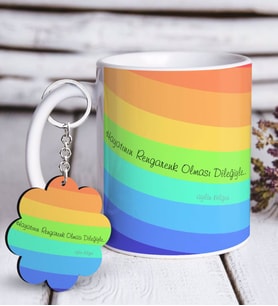 BK Gift Kişiye Özel Gökkuşağı Beyaz Kupa ve Anahtarlık Hediye Seti-2 (Model 1)