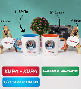 İkili Mavi Turuncu Sevgiliye Sevgililer Günü Hediyesi 11 Kupa Bardak Anahtarlık