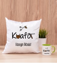 Erkek Kuaförü Kare Yastık ve Yeşil Kupa Bardak