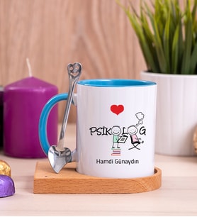 Psikolog Ahşap Altlıklı Mavi Kupa Bardak