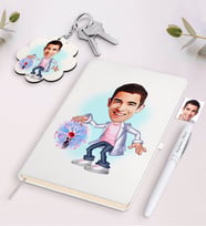 BK Gift Kişiye Özel Erkek Elektrik Mühendisi Karikatürlü Beyaz Defter Kalem ve Anahtarlık Hediye Seti (Model 1)