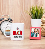 Hakim Beyaz Kupa Bardak ve Kırmızı Mini Fotoğraf Çerçevesi