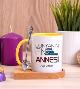 Dünyanın En İyi Annesi Ahşap Altlıklı Sarı Kupa Bardak
