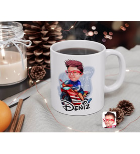 BK Gift Kişiye Özel Motorcu Çocuk Karikatürlü Beyaz Kupa Bardak-1
