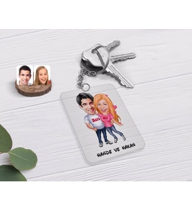 BK Gift Kişiye Özel Sevgililer Karikatürlü Şeffaf Pleksi Anahtarlık-5 (Beyaz)