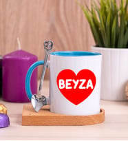 İsim Yazılı Kırmızı Kalpli Ahşap Altlıklı Mavi Kupa Bardak