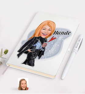 BK Gift Kişiye Özel Kadın Moda İkonu Karikatürlü Beyaz Defter ve Kalem Hediye Seti-4
