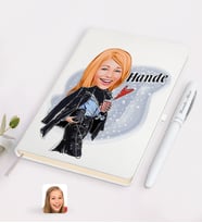 BK Gift Kişiye Özel Kadın Moda İkonu Karikatürlü Beyaz Defter ve Kalem Hediye Seti-4