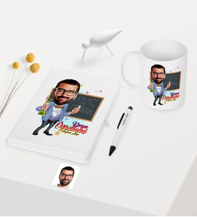 BK Gift Kişiye Özel Bay Kimya Öğretmeni Temalı Karikatürlü Beyaz Defter Kalem Kupa Seti - 1