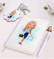 BK Gift Kişiye Özel Kadın Avukat Karikatürlü Beyaz Defter Kalem ve Anahtarlık Hediye Seti-3 (Model 1)