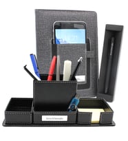 Kişiye Özel Telefon Cepli Gri Defter & Mat Roller Kalem & Masaüstü Kalemlik Hediye Seti (Siyah)