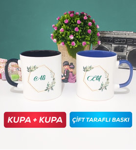 İkili Çiçek Tasarımlı İsme Özel Kupa Bardak Siyah Lacivert