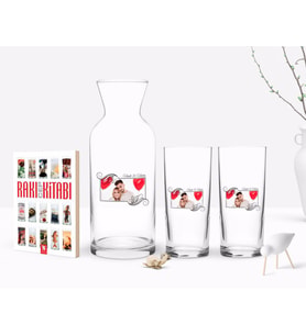 BK Gift Kişiye Özel Renkli Baskılı İsimli Fotoğraflı İkili Rakı Bardağı Karaf ve Cep Kitabı Hediye Seti-32 (Model 1)
