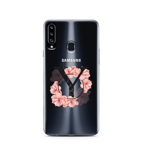 Pembe Çiçekli Harf Tasarım Süper Şeffaf Silikon Telefon Kılıfı Samsung A20s Y-Ha