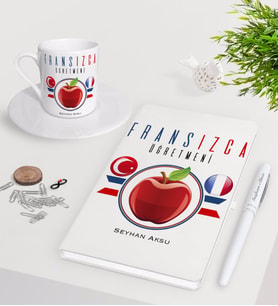 BK Gift Kişiye Özel Fransızca Öğretmeni Beyaz Defter Kalem Türk Kahvesi Fincanı Seti-3 (Model 1)