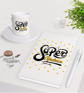 BK Gift Kişiye Özel Süper Öğretmen Beyaz Defter Kalem Türk Kahvesi Fincanı Seti-1 (Model 1)