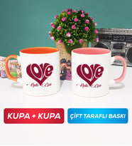 İkili Love Tasarımlı Sevgililer Günü Hediyesi Kupa Bardak Turuncu Pembe