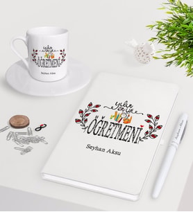 BK Gift Kişiye Özel Yılın En İyi Öğretmeni Beyaz Defter Kalem Türk Kahvesi Fincanı Seti-2 (Model 1)