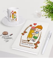 BK Gift Kişiye Özel Canım Öğretmenim Beyaz Defter Kalem Türk Kahvesi Fincanı Seti-4 (Model 1)