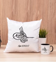 Osmanlı Tuğralı Kare Yastık ve Siyah Kupa Bardak