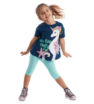 Denizatı Unicorn Kız Çocuk Tunik Tayt Takım (Lacivert-Mavi)