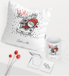 BK Gift Kişiye Özel Yılbaşı Noel Baba Temalı Beyaz Kupa Ayna Yastık Seti - 5