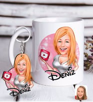 BK Gift Kişiye Özel Kadın Youtuber Karikatürlü Beyaz Kupa ve Anahtarlık Hediye Seti-2 (Model 1)