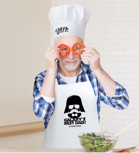 BK Gift Kişiye Özel Galaksinin En İyi Babası Erkek Mutfak Önlüğü ve Aşçı Şapkası Seti-1 (Beyaz)