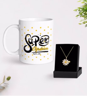 BK Gift Kişiye Özel Süper Öğretmen Beyaz Kupa ve Papatya Kolye Hediye Seti-1 (Model 1)