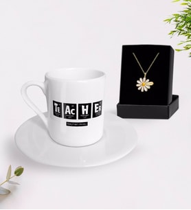 BK Gift Kişiye Özel Öğretmen Türk Kahvesi Fincanı ve İsimli Papatya Kolye Hediye Seti-2 (Model 1)