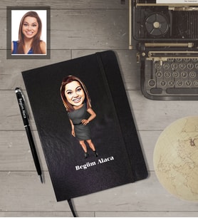 Kişiye Özel Öğretmen KarikatürlüSiyah Defter Kalem Hediye Seti  Bayan-9