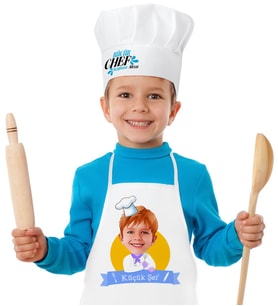 BK Gift Kişiye Özel Küçük Chef Karikatürlü Erkek Çocuk Mutfak Önlüğü Aşçı Şapkası Seti-9 (Beyaz)