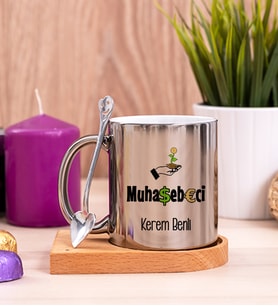 Muhasebeci Ahşap Altlıklı Silver Kupa Bardak