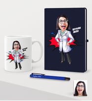 BK Gift Kişiye Özel Bayan Doktor Karikatürlü Lacivert Defter Kalem Kupa Seti - 1 (Model 1)