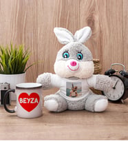 Sevgiliye Hediye İsim Yazılı Kalpli Sihirli Kupa Bardak ve Peluş Tavşan