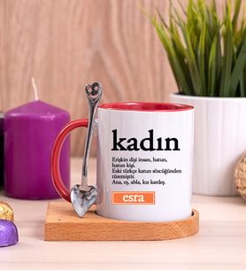 Kadın Kelime Anlamı Ahşap Altlıklı Kırmızı Kupa Bardak