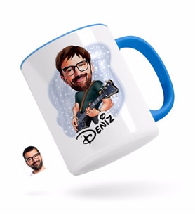 BK Gift Kişiye Özel Erkek Gitarist Karikatürlü Mavi Kupa Bardak-1