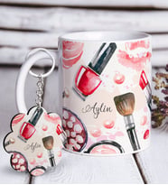 BK Gift Kişiye Özel Makyaj Tasarımlı Beyaz Kupa ve Anahtarlık Hediye Seti-2 (Model 1)